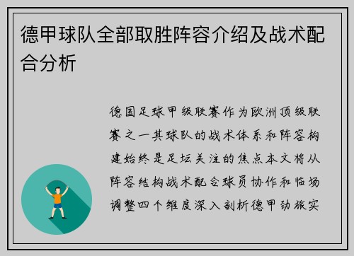 德甲球队全部取胜阵容介绍及战术配合分析
